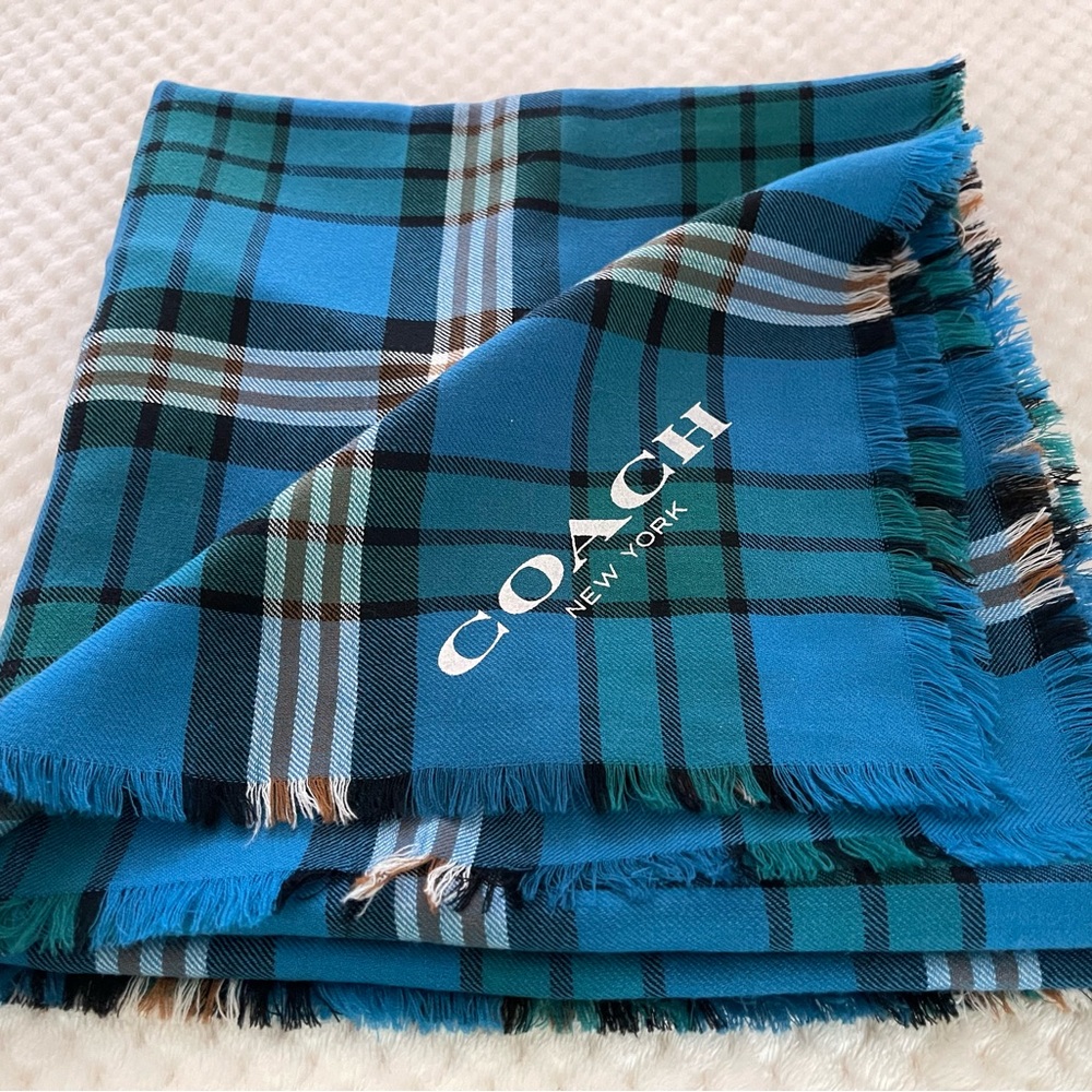 Coach Blue Black Brown Plaid Scarf Wrap
